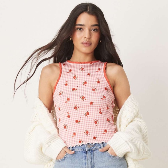 ASOS Tops - ASOS DESIGN ribbed red tank in floral gingham print